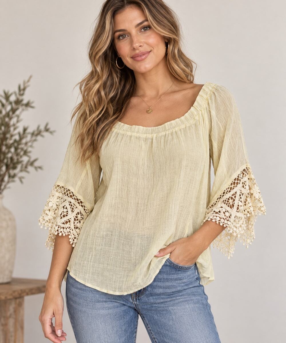 LoveStitch Medium Ivory Crochet Lace Bell Sleeve Boho Peasant Blo